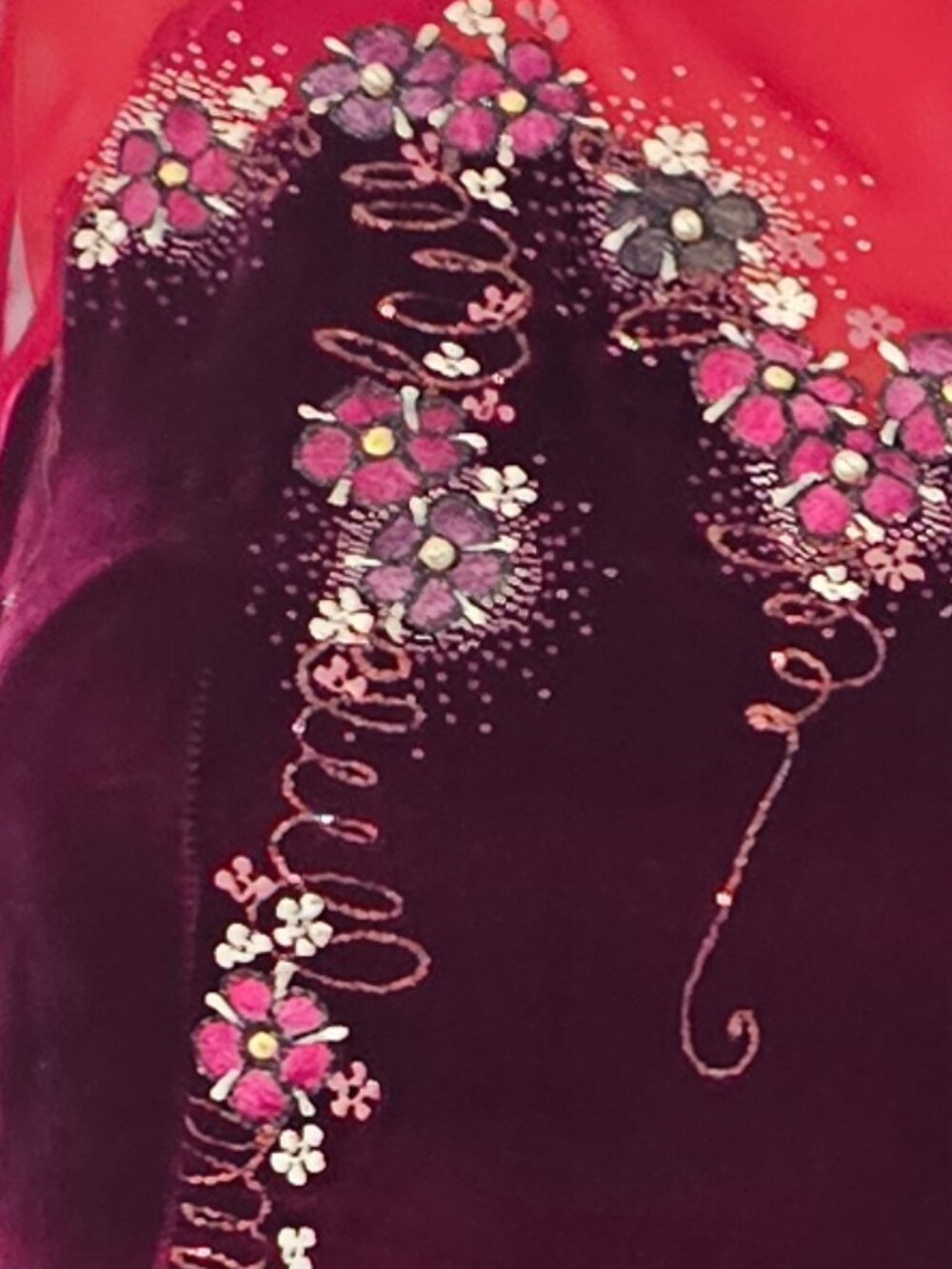 Pháo Trang Vintage Vietnamese Ao Dai – Burgundy Velvet & Red Embroidered Dress - Picture 11 of 11